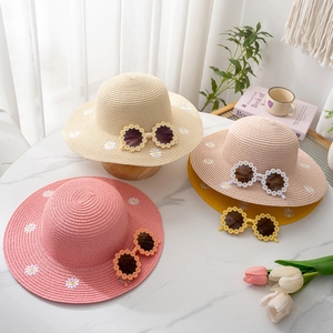 Kids Girls Daisy Straw Sun Hat And Flower Sunglasses Set Summer Beach Wide Brim Bucket Hat Floral Shades Eyewear For Holiday