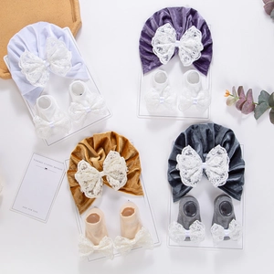 Bonnet Turban en Velours Bébé Et Chaussettes en Coton Avec Grand Nœud en Dentelle Pour Nourrissons Nouveau-Nés Accessoires de Photographie