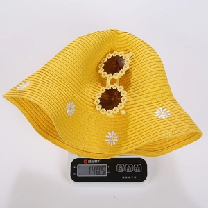Daisy embroidered straw sun hat and matching sunglasses set for summer beach vacation