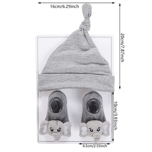 Grey knit baby turban hat and elephant socks set with size dimensions displayed