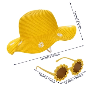 Kids yellow straw hat with daisy embroidery and matching floral sunglasses set for beach