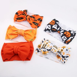 Baby Halloween Headband Large Bow Waffle Knit Hair Band Pumpkin Bat Print Elastic Headwrap For Toddler Girls Accessories