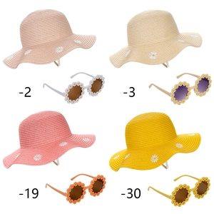 Kids straw sun hat and daisy floral sunglasses set for beach vacation in four colors