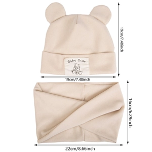 Beige baby knit bear ear hat and scarf set with Baby Bear tag on white background