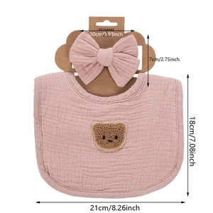 Pink cotton gauze baby bib and headband set with a cute plush brown bear patch