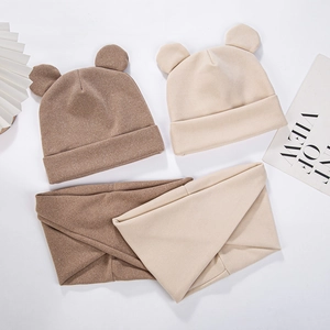 Infant knit bear ear hat and scarf set in warm brown and cream white fleece