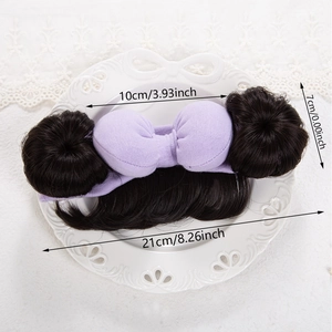 Infant cotton headband with lilac bow and dark brown double hair bun wig accessories