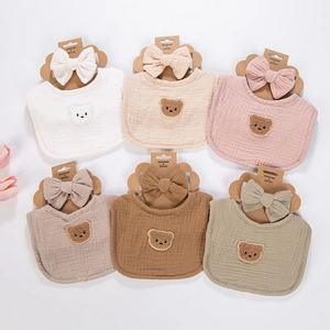 Infant Cotton Gauze Bib And Headband Soft Muslin Drool Bib With Cute Bear Patch For Newborn Baby Boys Girls Accessories