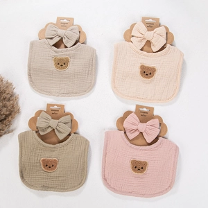 Baby cotton gauze bib and headband set with bear embroidery in four neutral colors