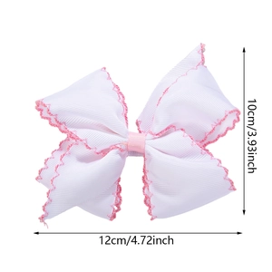 White baby bow hair clip with pink scalloped edges and precise dimensions 12cm x 10cm