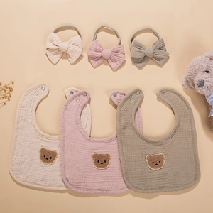 3-pack of cotton muslin baby bibs and headbands set with cute bear embroidery decor