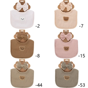 6-pack newborn 4-layer cotton gauze baby bib and headband set with bear patch