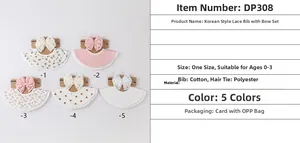 Lot détaillé de 5 bavoirs bébé en coton avec dentelle et bandeaux à nœud assortis