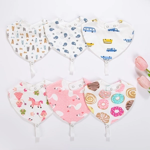 Detailed set of six cotton baby bibs with cartoon patterns and teething ring attachments