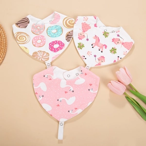 Three-pack of cotton bandana bibs with cute cartoon prints and adjustable metal snap buttons