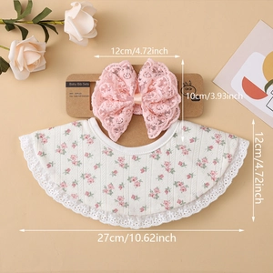 Ensemble bandeau avec nœud en dentelle rose et bavoir fleuri pour bébé en coton doux