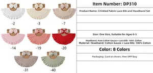 Set of eight cotton gauze baby bibs and matching bow headbands in soft pastel colors