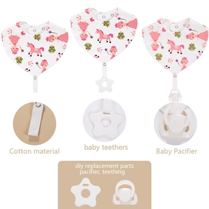 Detail of baby bandana bib with star teether and pacifier clip in unicorn print