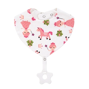 Close-up of cotton baby bib with cartoon prints and detachable star-shaped teether charm