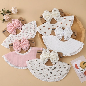Bavoir En Coton Pour Nourrisson Et Bandeau À Nœud En Dentelle Style Coréen Motif Floral Cœur Accessoires De Coiffure Nouveau-Né
