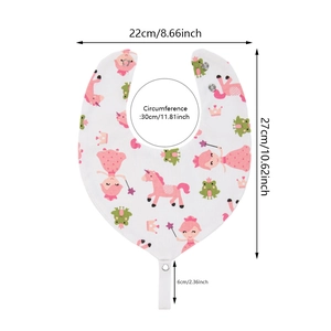 Size chart for 5-layer cotton baby bib with unicorn print and adjustable snaps