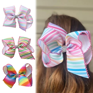 Douce Filles Arc-en-Ciel Rayures Imprimé Fleuri Grand Nœud Pince à Cheveux Tissu Strass Pince Croco Bord Festonné Accessoires Cheveux