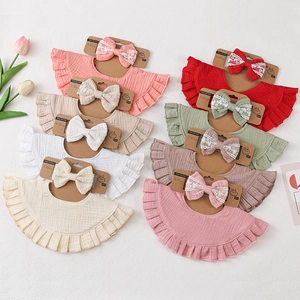 Soft Muslin Cotton Baby Bib And Headband Set Ruffle Bib With Lace Bow Headband For Infants Newborns Toddlers 0-3 Years