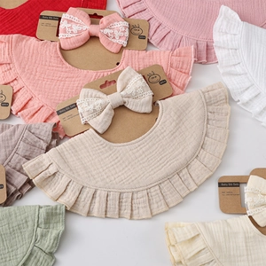 Muslin cotton baby bib set with ruffled collar and lace bow headband in assorted colors