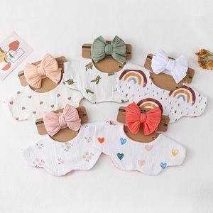 Korean Style Baby Bib and Headband Set Printed Muslin Cotton Absorbent Saliva Towel Bow Headwrap For Newborn Feeding Infant