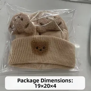 Beige bear knitted baby hat and mittens set shown in transparent package size 19x20x4