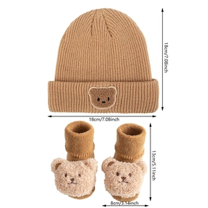 Infant knit beanie and socks set in khaki with cute bear patches and soft warm texture