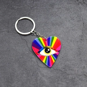 Rainbow evil eye heart keychain with colorful acrylic pendant and silver metal ring