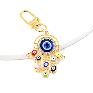 Detailed Hamsa Hand keychain with colorful evil eyes and sparkling white rhinestones