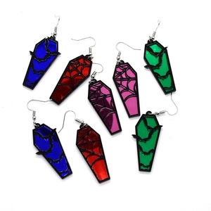Gothic Halloween coffin drop earrings featuring bat and spider web acrylic patterns