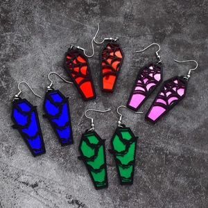Detail of Halloween coffin earrings featuring bat and spider web patterns in four colors