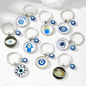 Vintage Alloy Glass Evil Eye Keychain With Hamsa Hand Pendant Round Cabochon Key Ring Charm For Women Men Daily Jewelry Gift