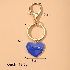 Honey letter heart keychain with blue enamel charm and gold lobster clasp 6cm length