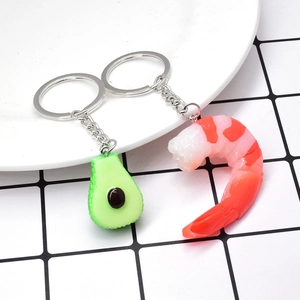 Creative realistic avocado and peeled shrimp pendants on silver metal keychains