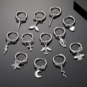 Vintage Punk Stainless Steel Hoop Earrings For Men Women Hip Hop Rhinestone Star Moon Heart Cross Pendant Drop Earrings Jewelry