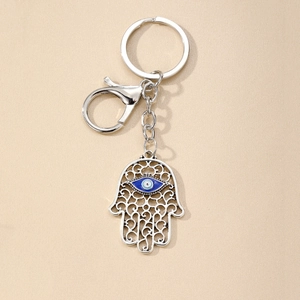 Vintage silver Hamsa Hand keychain with blue Evil Eye charm and lobster clasp closure