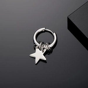 Macro view of silver stainless steel hoop earring with polished star pendant detail