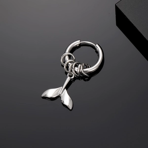 Polished silver stainless steel hoop earring featuring a movable fishtail whale tail charm