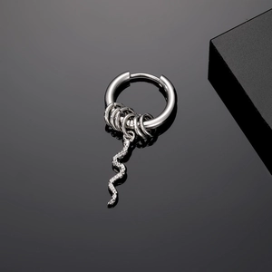 Punk style stainless steel hoop earring with silver snake pendant and sparkling zircons