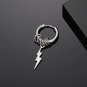Punk style silver lightning bolt pendant earring made of polished stainless steel for men