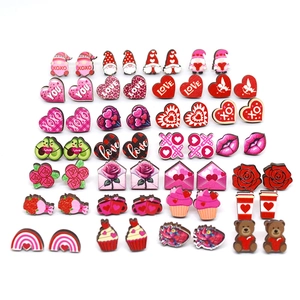 Pendientes de Botón de Madera Animados Con Patrones de Corazón Rosa Gnomo Cupido Joyería Estampada para Regalo de San Valentín Navidad Mujer