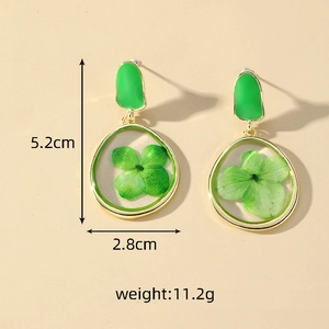 Green clover earrings with gold metal frame and dried flower drop design 5.2cm long