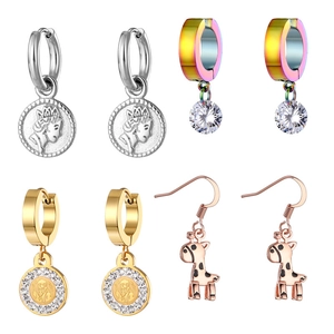 Set of stainless steel hoop earrings with giraffe, coin and zircon charms in multiple finishes
