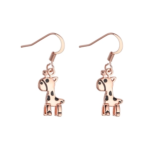 Detail of rose gold giraffe drop earrings with black enamel spots on white background