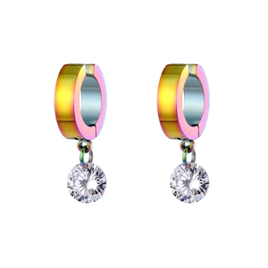 Macro detail of rainbow plated stainless steel clip-on earrings with clear round zircons