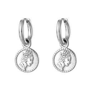 Detail of silver stainless steel hoop earrings featuring Elizabeth II coin pendants